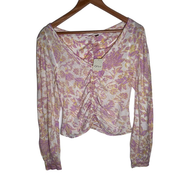 Free People NWT Boho Floral Ruched V-Neck Long Sleeve Top - Spring Colors - Picture 3 of 5